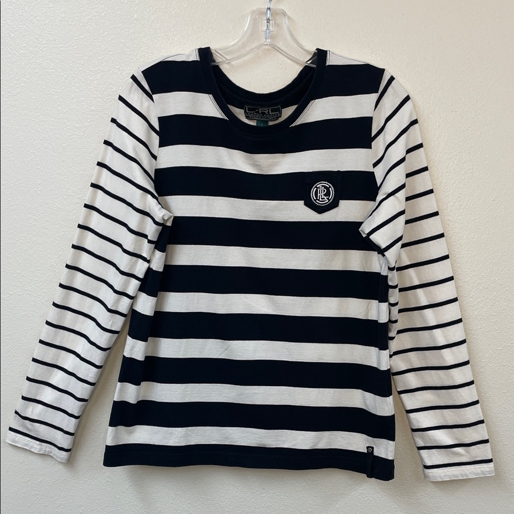 LRL Active Navy & White Striped Chest Logo Nautical Maritime Long Sleeve Tee WL